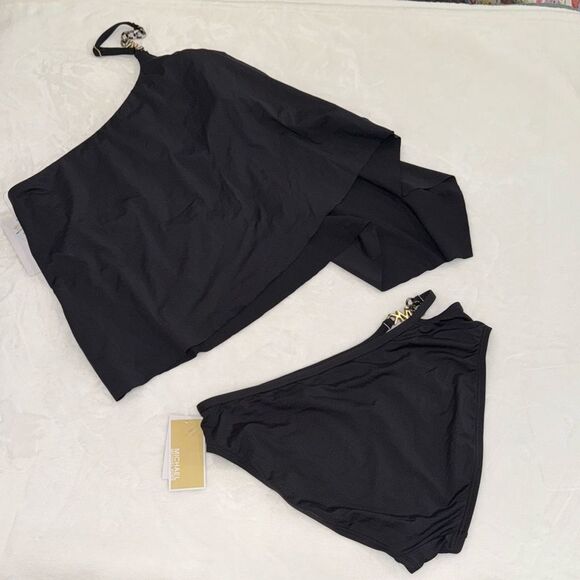 MICHAEL Michael Kors Logo Chain One Shoulder Tankini & Chain High Waist Bikini - Picture 12 of 14